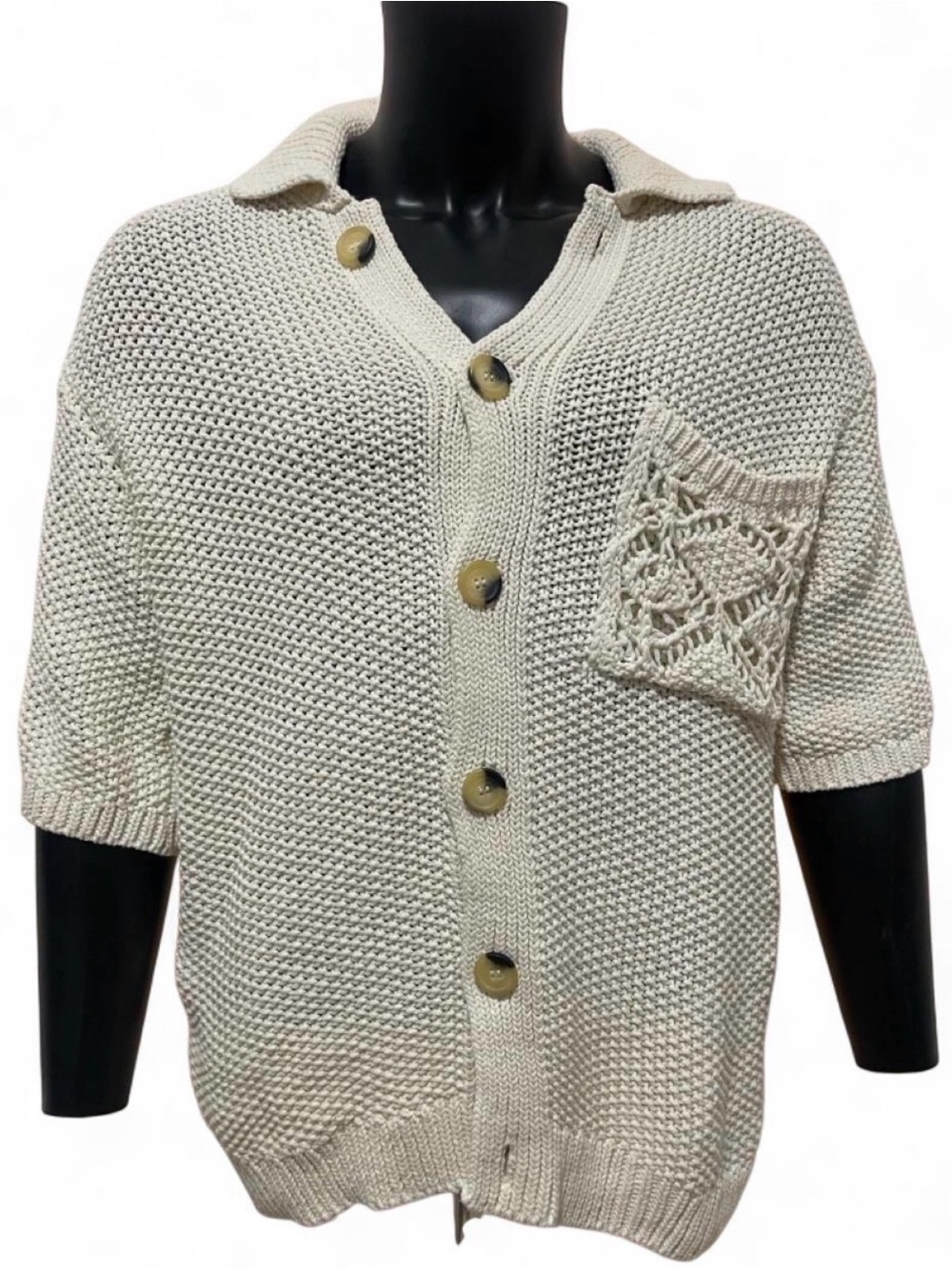 Cream knit cardigan with button up front and pockets #knitwear #cozy